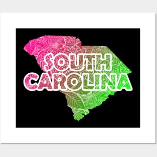 Colorful mandala art map of South Carolina with text in pink and green Posters and Art